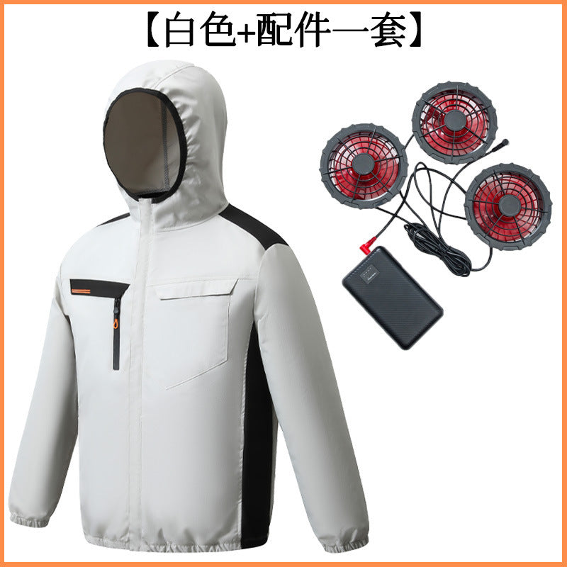夏用新型三穴ファン空調服 屋外冷却日焼け止めパーカー スタンドカラージャケット作業着