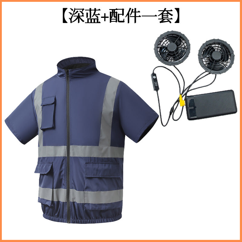夏用空調服 反射テープ ファン付き 半袖 屋外 空調作業服 メンズ ファン付き作業着 道路整備 建設現場