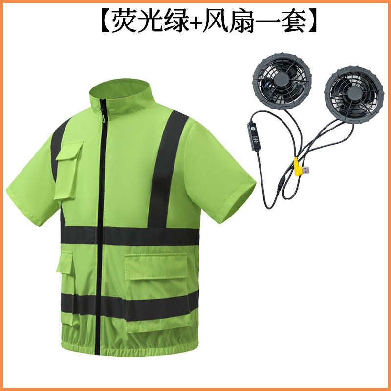 夏用空調服 反射テープ ファン付き 半袖 屋外 空調作業服 メンズ ファン付き作業着 道路整備 建設現場