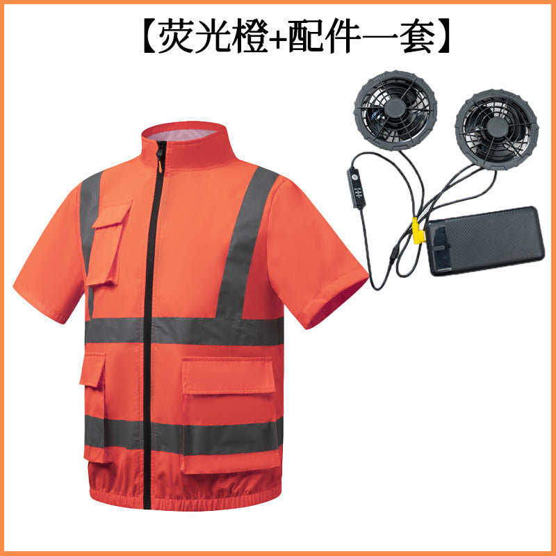 夏用空調服 反射テープ ファン付き 半袖 屋外 空調作業服 メンズ ファン付き作業着 道路整備 建設現場