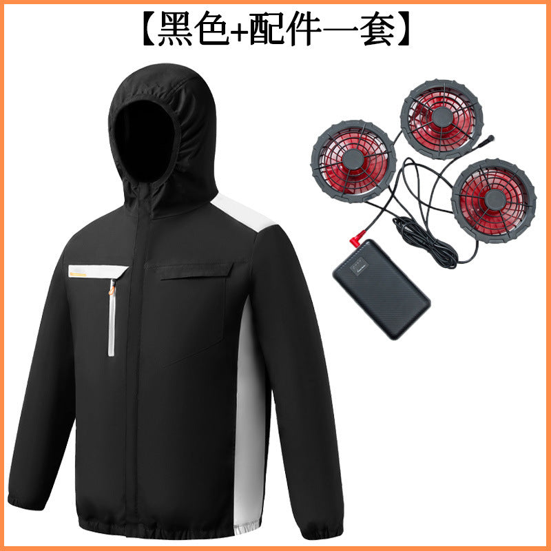 夏用新型三穴ファン空調服 屋外冷却日焼け止めパーカー スタンドカラージャケット作業着