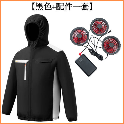 夏用新型三穴ファン空調服 屋外冷却日焼け止めパーカー スタンドカラージャケット作業着
