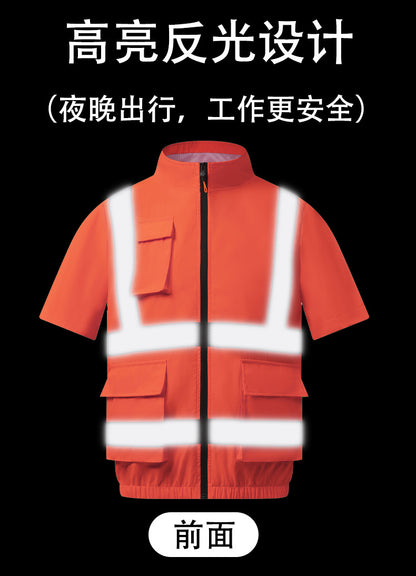 夏用空調服 反射テープ ファン付き 半袖 屋外 空調作業服 メンズ ファン付き作業着 道路整備 建設現場