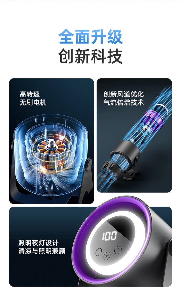 新ブラシレスUSB充電式ポータブル扇風機 超静音家庭用卓上小型扇風機 寝室用ライト 長時間バッテリー駆動