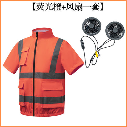 夏用空調服 反射テープ ファン付き 半袖 屋外 空調作業服 メンズ ファン付き作業着 道路整備 建設現場