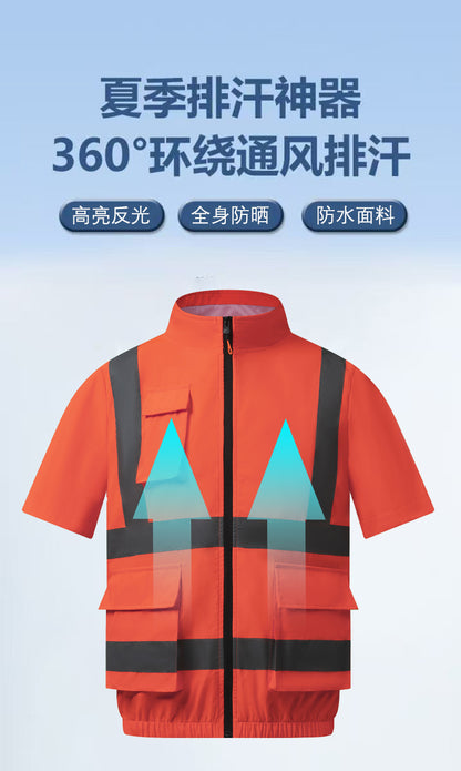 夏用空調服 反射テープ ファン付き 半袖 屋外 空調作業服 メンズ ファン付き作業着 道路整備 建設現場