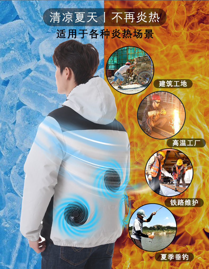夏用新型三穴ファン空調服 屋外冷却日焼け止めパーカー スタンドカラージャケット作業着