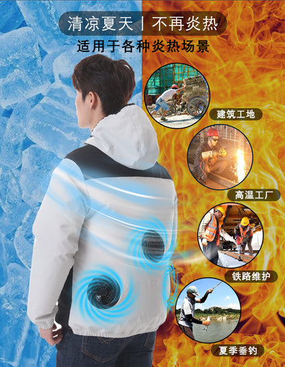 夏用新型三穴ファン空調服 屋外冷却日焼け止めパーカー スタンドカラージャケット作業着