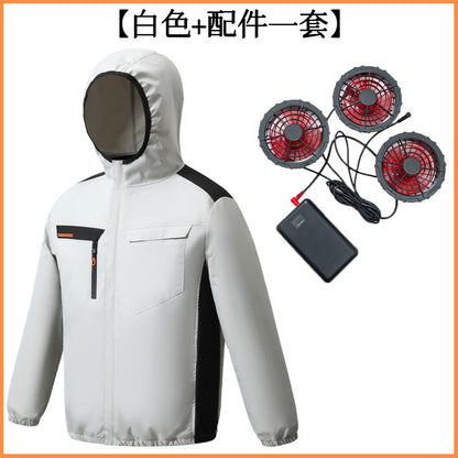 夏用新型三穴ファン空調服 屋外冷却日焼け止めパーカー スタンドカラージャケット作業着