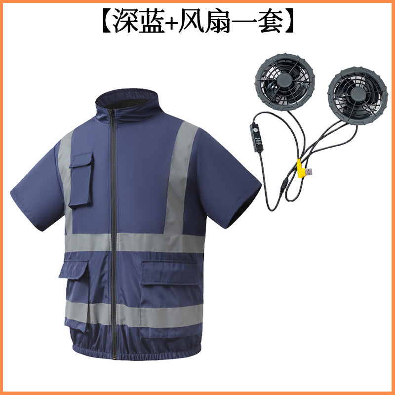 夏用空調服 反射テープ ファン付き 半袖 屋外 空調作業服 メンズ ファン付き作業着 道路整備 建設現場