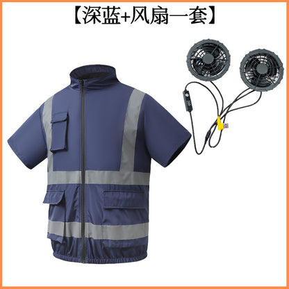夏用空調服 反射テープ ファン付き 半袖 屋外 空調作業服 メンズ ファン付き作業着 道路整備 建設現場