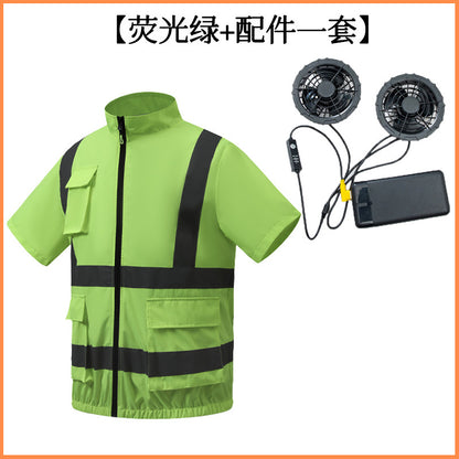 夏用空調服 反射テープ ファン付き 半袖 屋外 空調作業服 メンズ ファン付き作業着 道路整備 建設現場