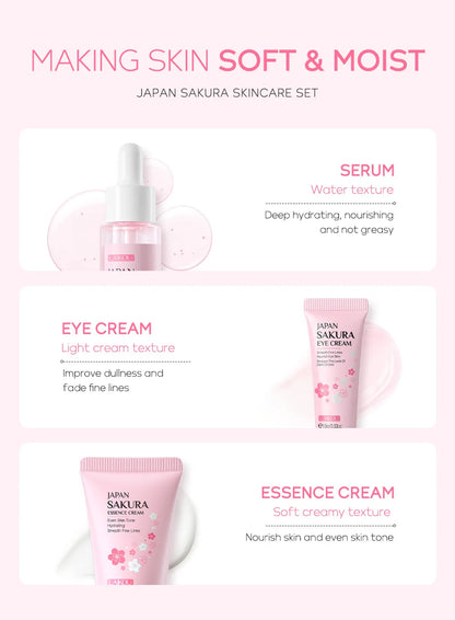 LAIKOU サクラ スキンケアセット フェイシャルクレンザー フェイスクリーム 美容液 化粧水 保湿 美白 しわ防止 スキンケアキット