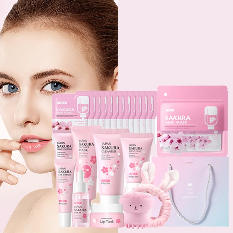 SAKURA スキンケアセット アイ＆フェイスケア（アイクリーム、洗顔料、フェイシャルオイル、リップマスク、ピールオフマスク）保湿 全肌質対応