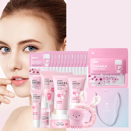 SAKURA スキンケアセット アイ＆フェイスケア（アイクリーム、洗顔料、フェイシャルオイル、リップマスク、ピールオフマスク）保湿 全肌質対応