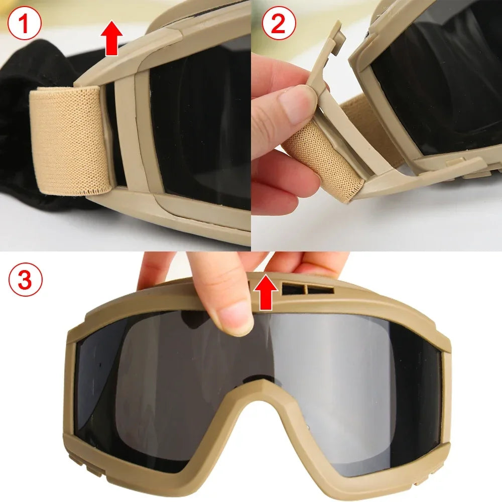 Tactical Goggles Mountaineering Shooting Sunglasses Windproof Sand Control Motocross CS Glasses 3 Lenses Replaceable Motorcycle by PETAL & GLOW