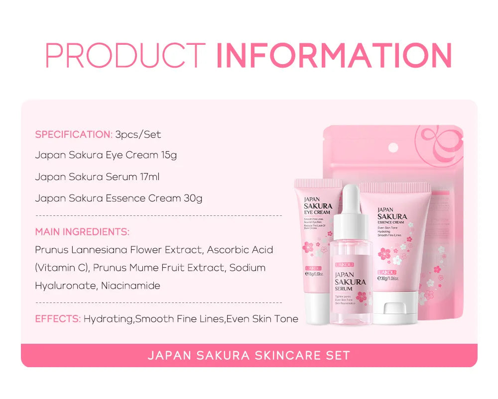 LAIKOU サクラ スキンケアセット フェイシャルクレンザー フェイスクリーム 美容液 化粧水 保湿 美白 しわ防止 スキンケアキット