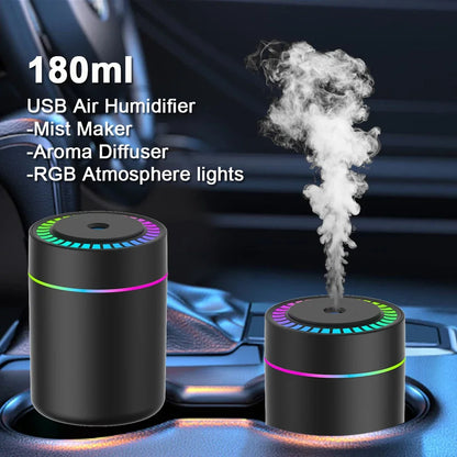 180MLミニ加湿器 USB電動アロマディフューザー エッセンシャルオイル精油加湿器 アロマテラピーミストメーカー 車用家庭用寝室用LEDライト付き