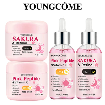 昼夜用スキンケアセット4点：ピンクペプチド ビタミンC デイ＆サクラ レチノール ナイトクリーム・エッセンス（保湿、ハリ用）