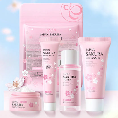 LAIKOU サクラ スキンケアセット フェイシャルクレンザー フェイスクリーム 美容液 化粧水 保湿 美白 しわ防止 スキンケアキット