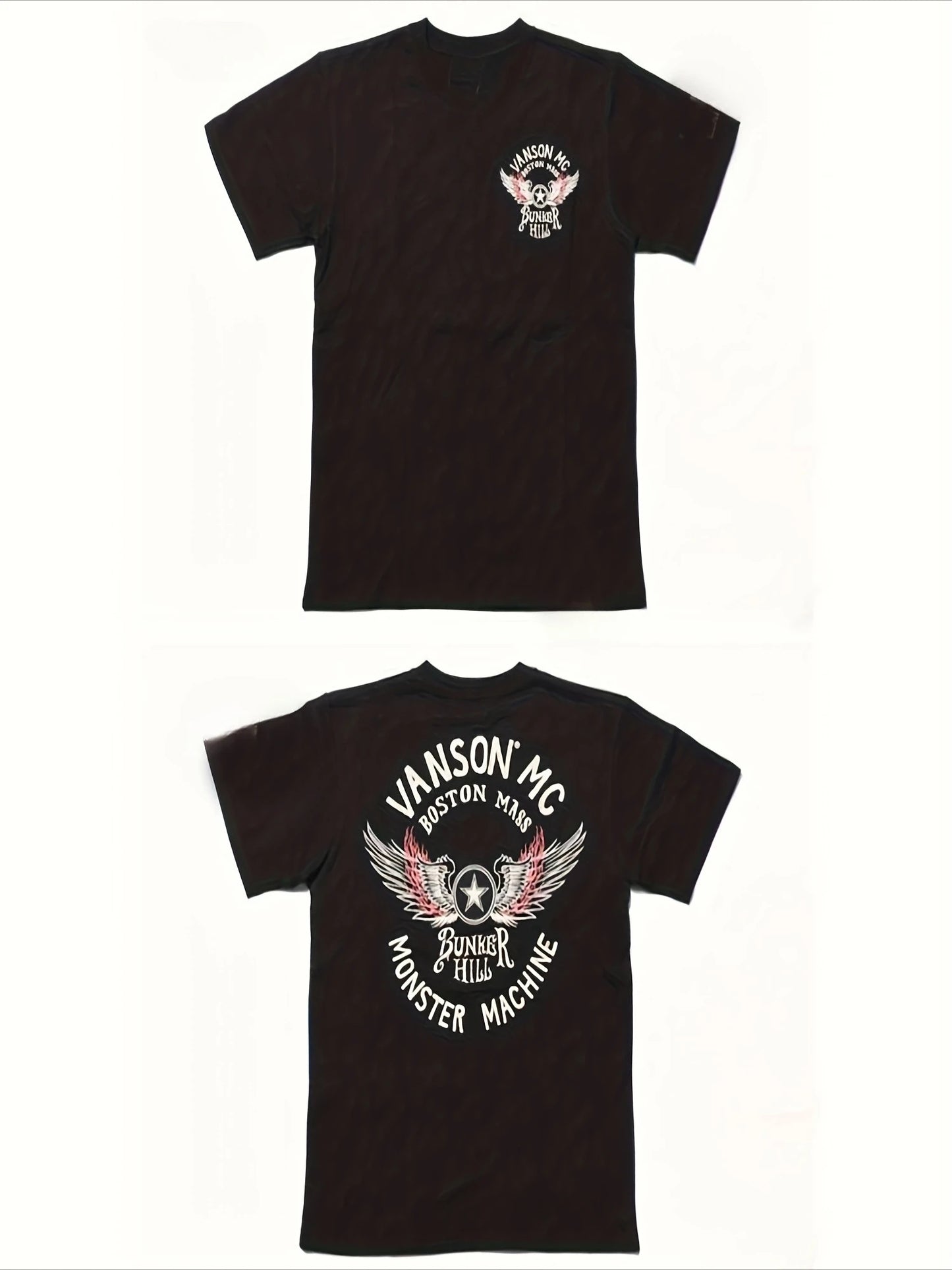 メンズTシャツ - 白と赤の翼のデザインが入ったブラックカジュアル半袖トップス。普段使い、ジム、パーティーに。