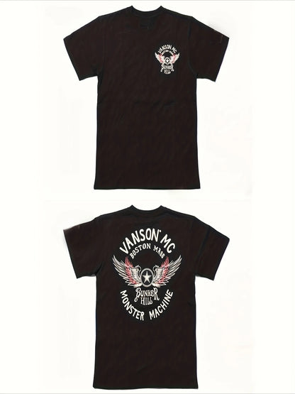 メンズTシャツ - 白と赤の翼のデザインが入ったブラックカジュアル半袖トップス。普段使い、ジム、パーティーに。