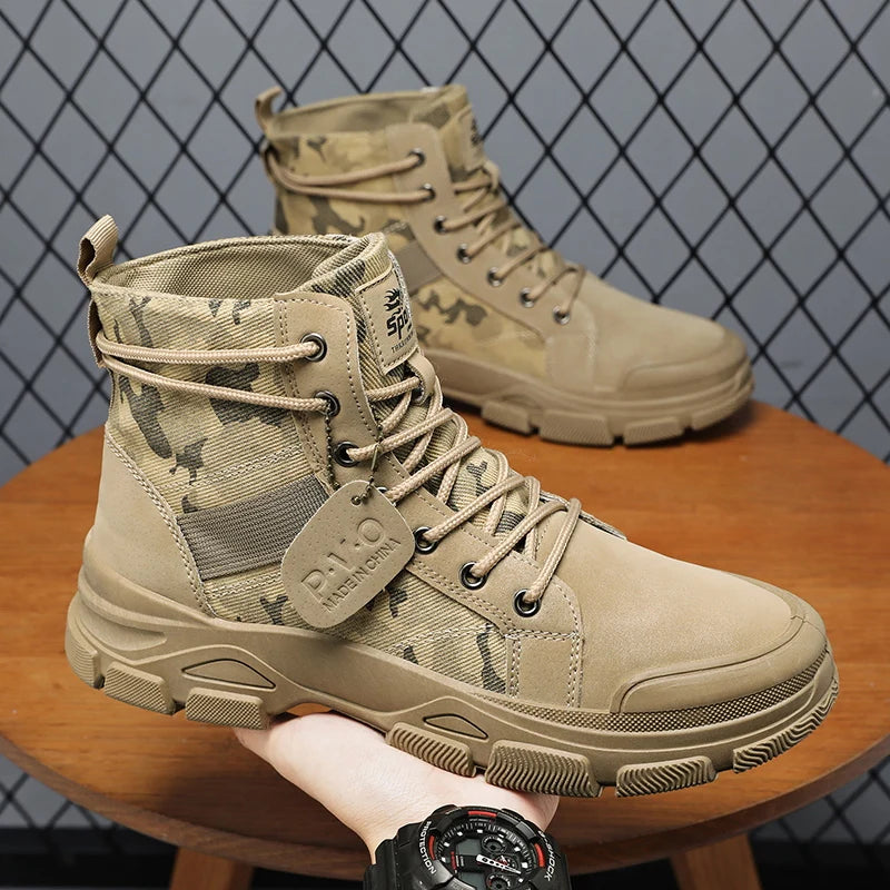 Military Boots for Men Autumn High Top Camouflage Desert Casual Flats Mens Boot Breathable Non Slip Work Shoes Zapatillas Hombre by PETAL & GLOW