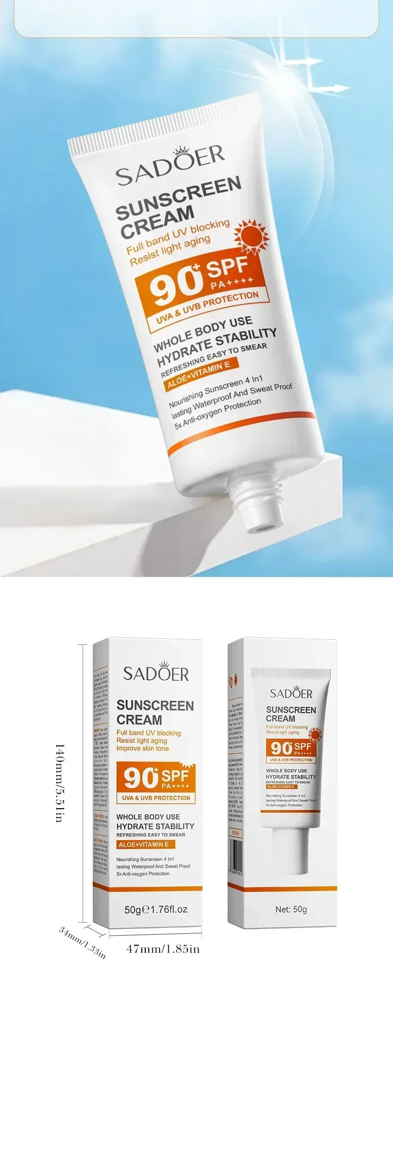 SPF90+ 日焼け止め、UVカット、美白日焼け止め、保湿、美白、顔と体用日焼け止め、スキンケア、アンチエイジング