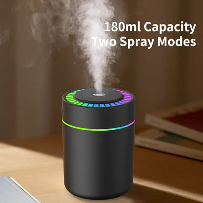 180MLミニ加湿器 USB電動アロマディフューザー エッセンシャルオイル精油加湿器 アロマテラピーミストメーカー 車用家庭用寝室用LEDライト付き