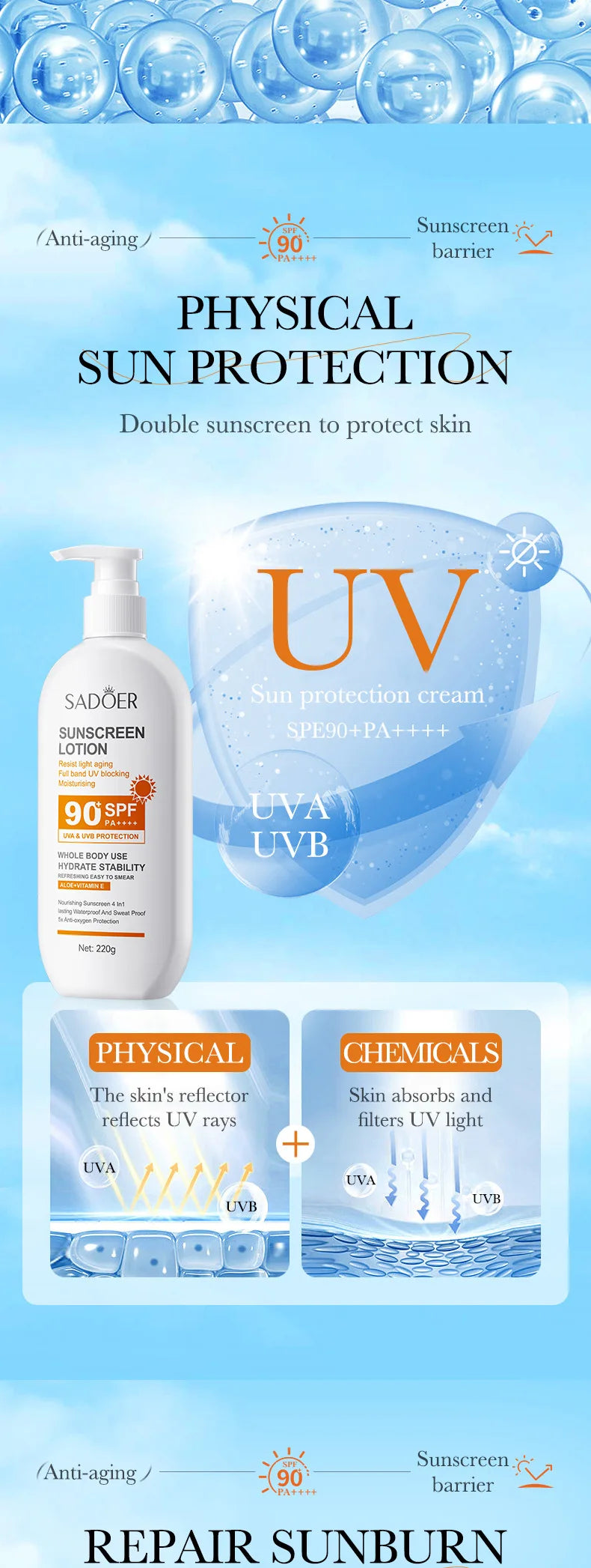 Lotion Solaire Pour Le Corps Et Le Visage, Super 220g, 50g Small bottle size, SPF 90 PA +++++, Utilisation Pour Tout Le Corps,