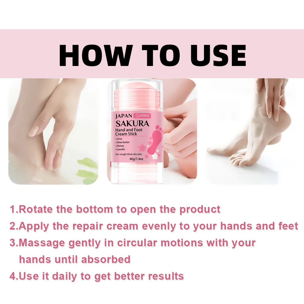 JUINHOU 60% Urea + 2% Salicylic Acid Cherry Blossom Scent Hand & Foot Cream Stick Deep Hydration, Dry Skin Care, Heel Protection