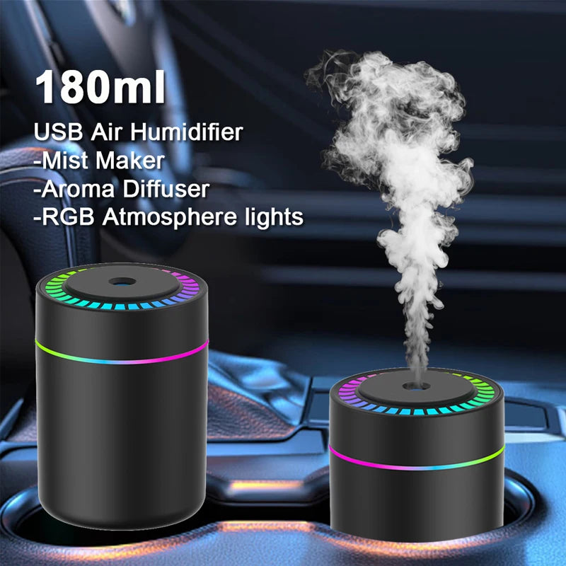 180MLミニ加湿器 USB電動アロマディフューザー エッセンシャルオイル精油加湿器 アロマテラピーミストメーカー 車用家庭用寝室用LEDライト付き