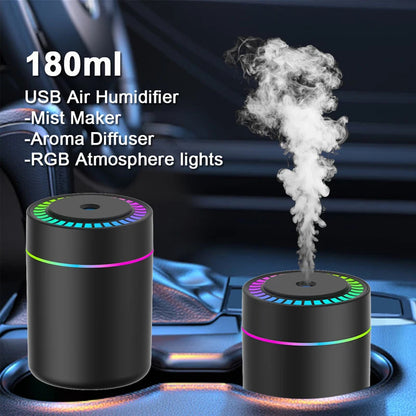 180MLミニ加湿器 USB電動アロマディフューザー エッセンシャルオイル精油加湿器 アロマテラピーミストメーカー 車用家庭用寝室用LEDライト付き