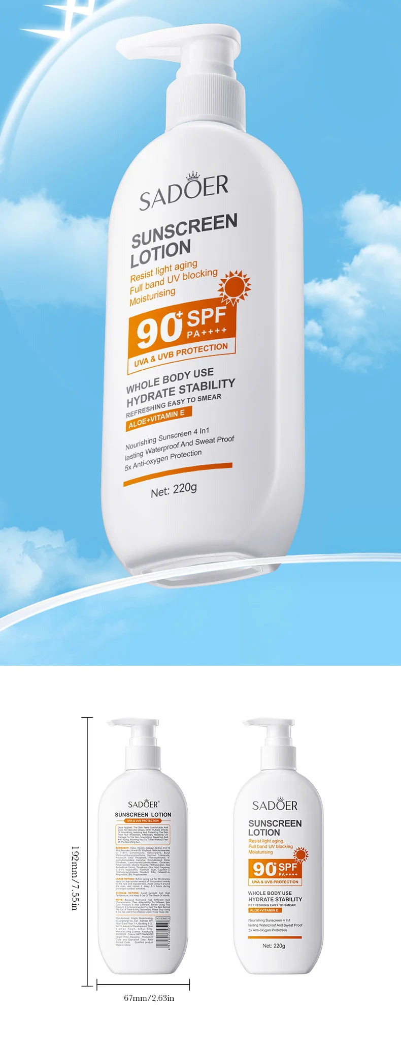 Lotion Solaire Pour Le Corps Et Le Visage, Super 220g, 50g Small bottle size, SPF 90 PA +++++, Utilisation Pour Tout Le Corps,