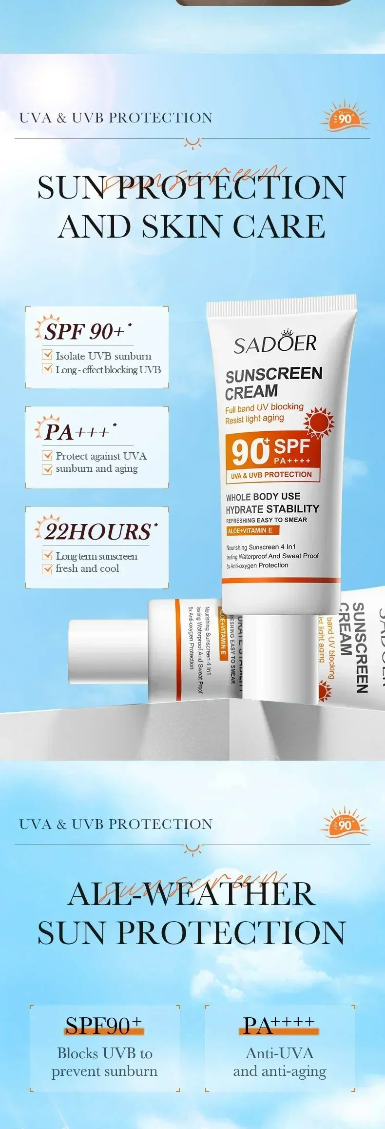 SPF90+ 日焼け止め、UVカット、美白日焼け止め、保湿、美白、顔と体用日焼け止め、スキンケア、アンチエイジング