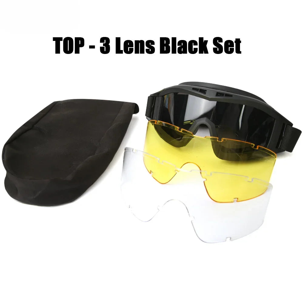 New Airsoft Tactical Goggles 3 Lens Windproof Dustproof Shooting Motocross Motorcycle Mountaineering Glasses CS Safe Protection by PETAL & GLOW
