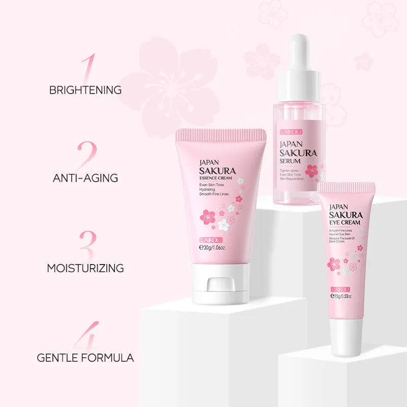 LAIKOU サクラ スキンケアセット フェイシャルクレンザー フェイスクリーム 美容液 化粧水 保湿 美白 しわ防止 スキンケアキット