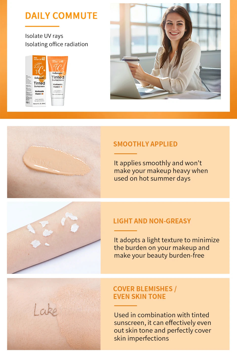 SPF40 色付き保湿VC日焼け止め スキンプロテクション リフレッシングメイクアップ サンスクリーンクリーム UVアンチエイジングレジスタンス 日焼け止め