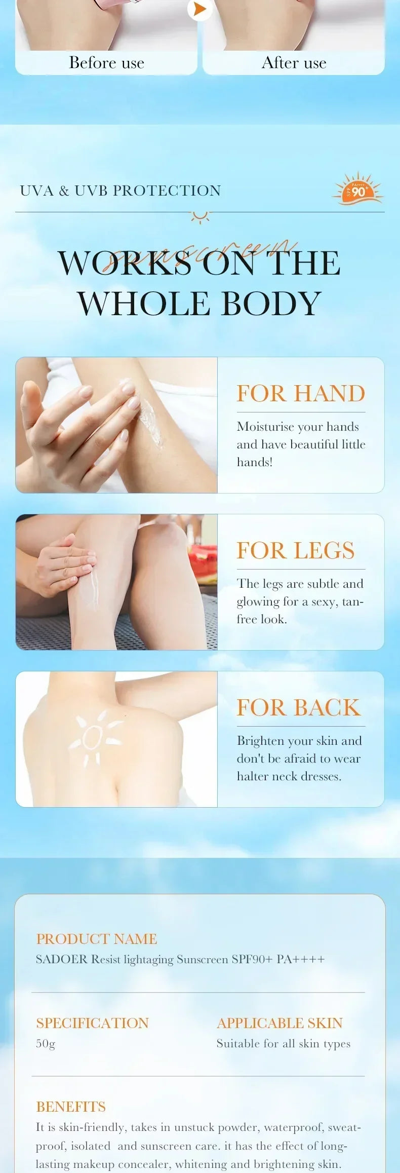 SPF90+ 日焼け止め、UVカット、美白日焼け止め、保湿、美白、顔と体用日焼け止め、スキンケア、アンチエイジング
